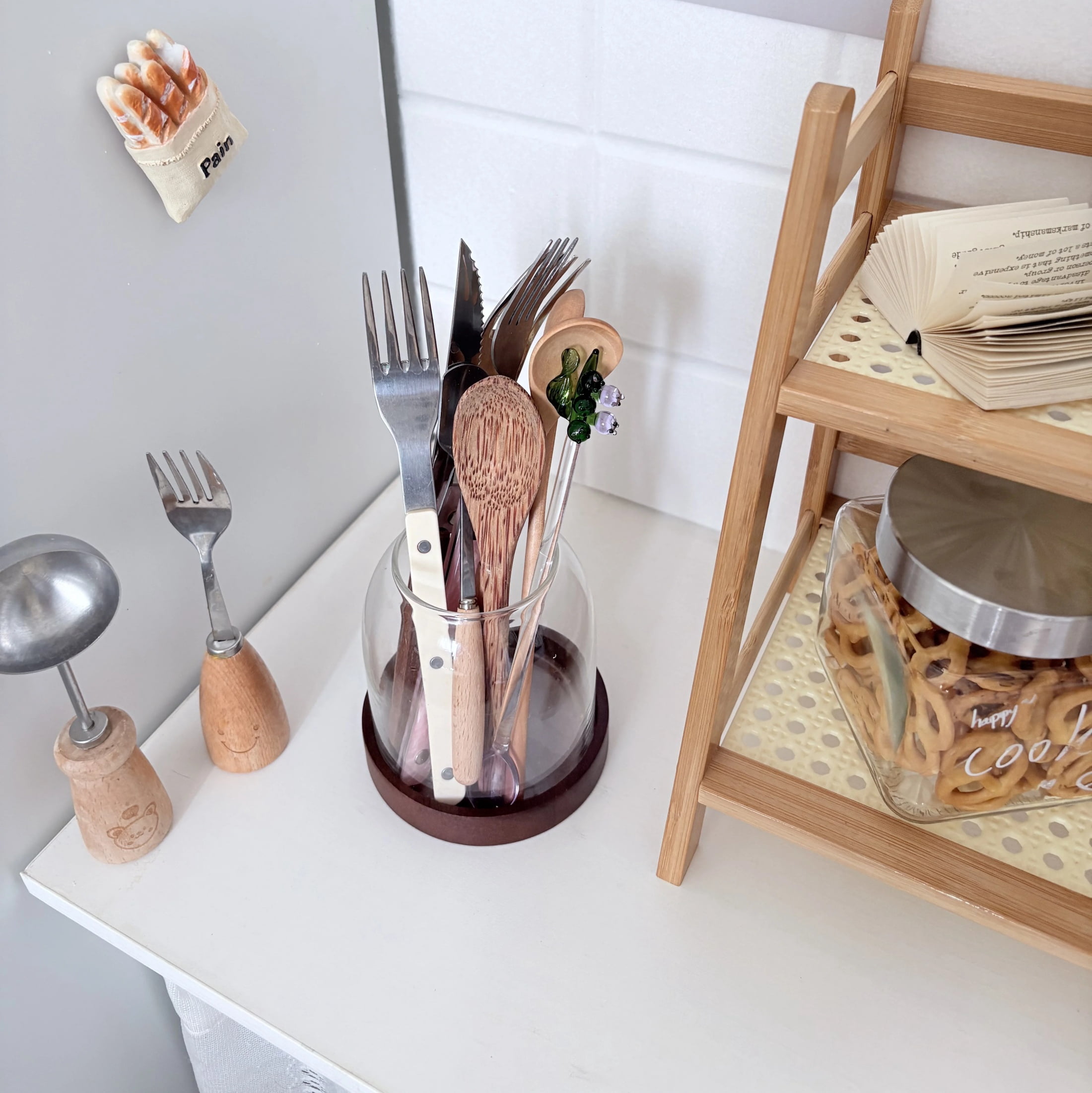 Glass Utensil Holder With Wooden Base,Fork And Spoon Set With Wood Handles,Cutlery Caddy For Kitchen Afternoon Tea Ice Cream Cake Stainless Steel