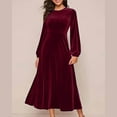 thumbnail image 2 of Oksale Maxi Velvet Dresses for Women Elegant Flowy A Line Dress Puffle Sleeve Dresses Casual Crewneck Dresses Solid Color Formal Dress Wine L, 2 of 7