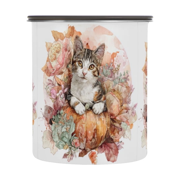 900ml Stainless Steel Food Storage Containers Cute Cat with Autumn Leaves Airtight Kitchen Canisters with Vacuum Lid for Coffee Tea Flour Sugar Grains