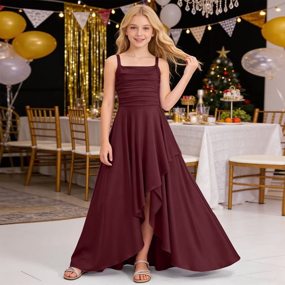 CAIVO Kids Girls Party Dress With Ruffled Tiered Dress And Strapless Solid Color Sleeveless Crisscross Bodice For Square Collar Soft Dresses
