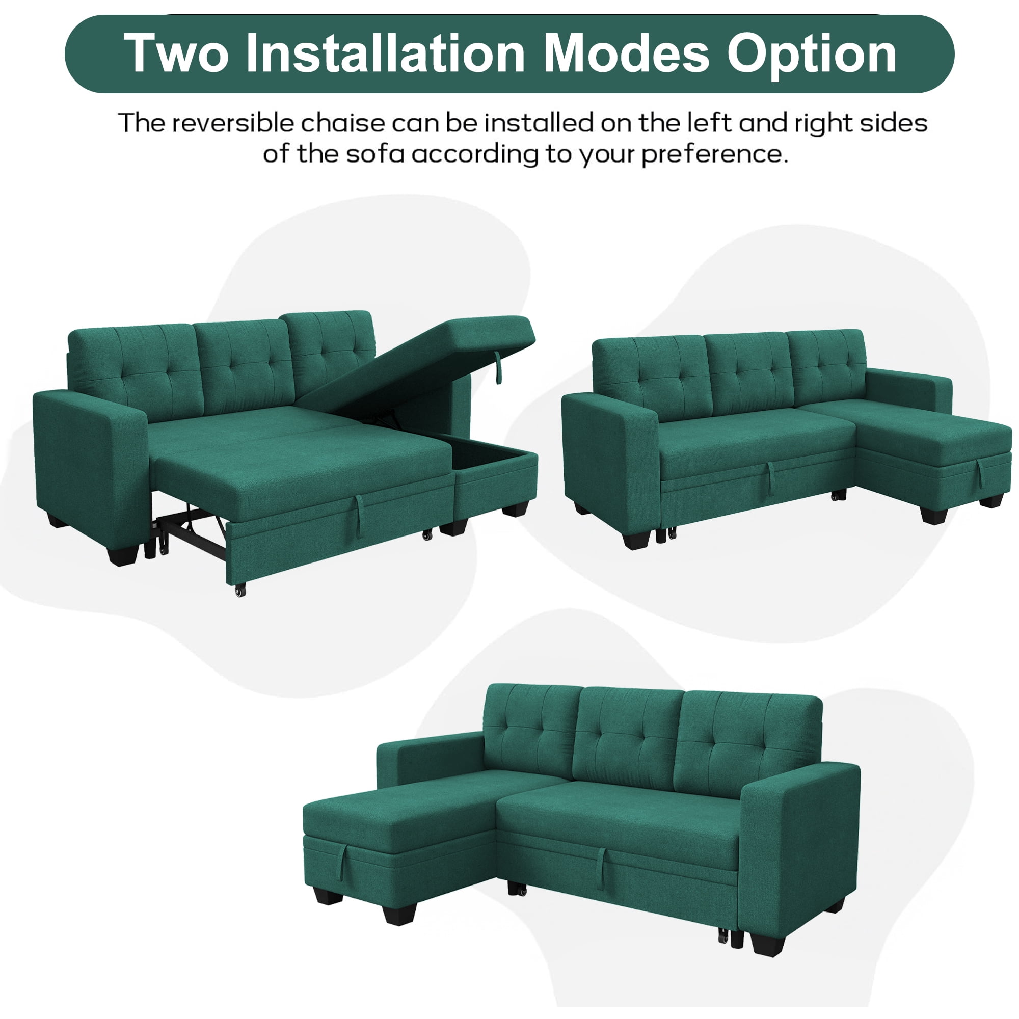 DEALTOPS Linen Reversible Sleeper Sectional Sofa Bed with Storage Chaise,Green