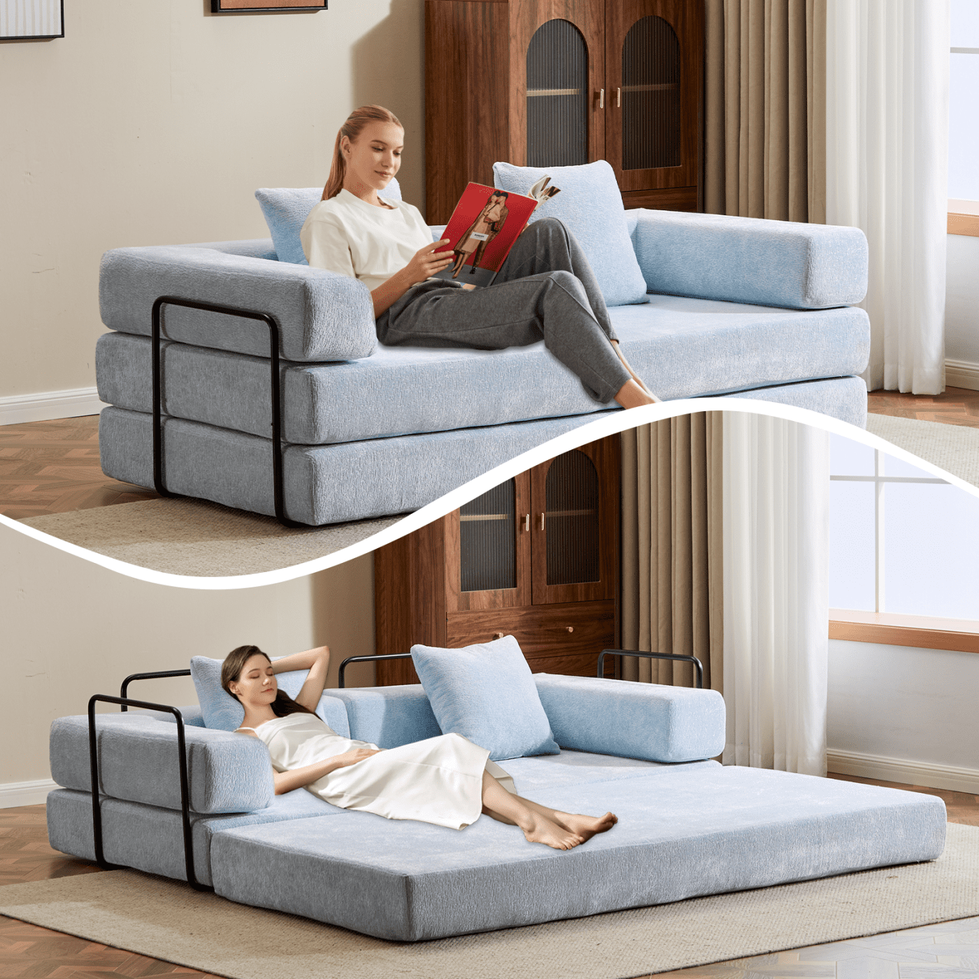 Convertible Sleeper Sofa Bed with Pillows, Chenille Folding Mattress Couch with Fixed-Shape Frame, Floor Sofa Bed Couch for Living Room Bedroom Lounge,Light Blue+Chenille