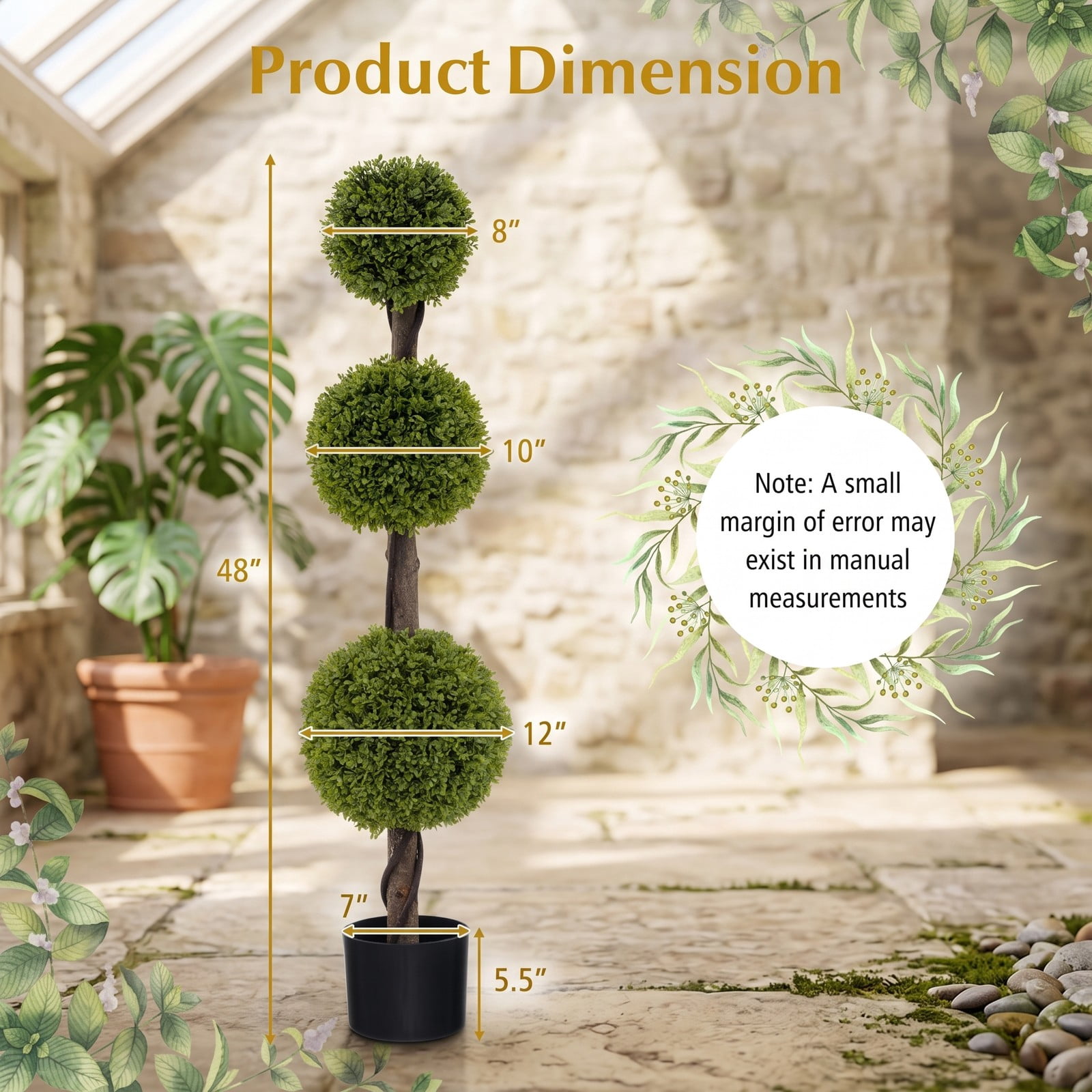ALPULON 4 FT Artificial Ball Shape Bush Tree, 48 Inch Faux Topiary Plant with Lush PE Leaves, Trunk and Weighted Cement Pot for Indoor Outdoor Home, Green and Black