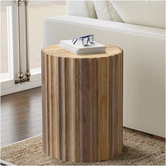 JERFIT Fluted Drum Side Table, Natural Wood End Table for Living Room, Boho Nightstand with Solid Mango Wood, Accent Table for Bedroom