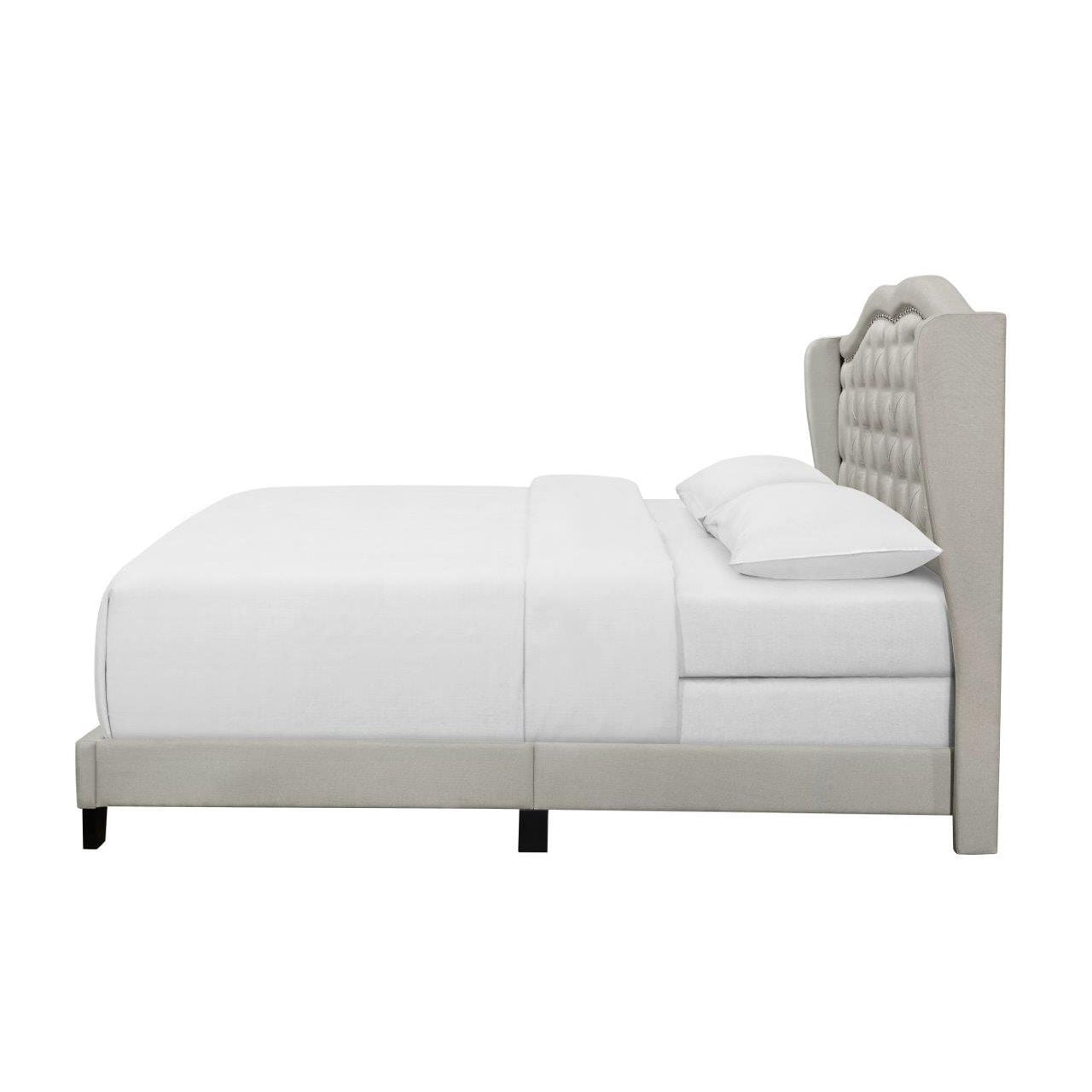 Home Design Aden King Upholstered Panel Bed Frame with Wingback Headboard, Button Tufted, Warm Gray, Easy Assembly, for Adult Bedroom