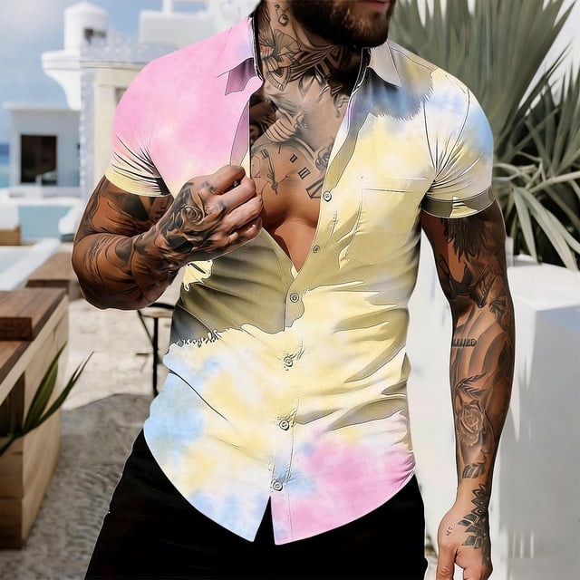 Ceisia Gradient Print Short Sleeve Button-Down Shirts for Men Slim Fit Casual Summer Beach Tops Yellow XXXXXL Gifts
