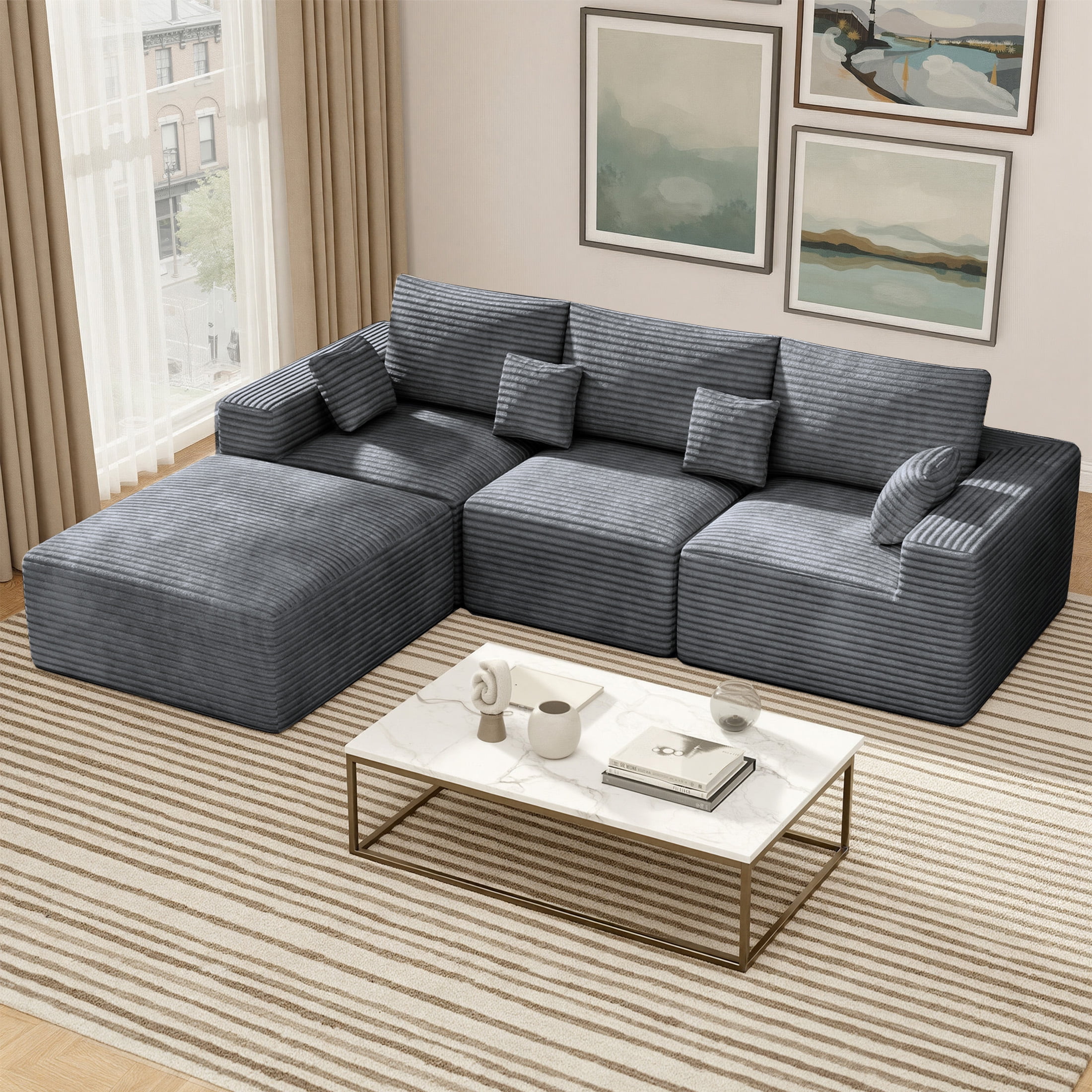 Daluvenix Modern Modular Sectional Sofa 113" L-Shaped Boneless Couch with Deep Seat Convertible Corduroy Cloud Couches for Living Room