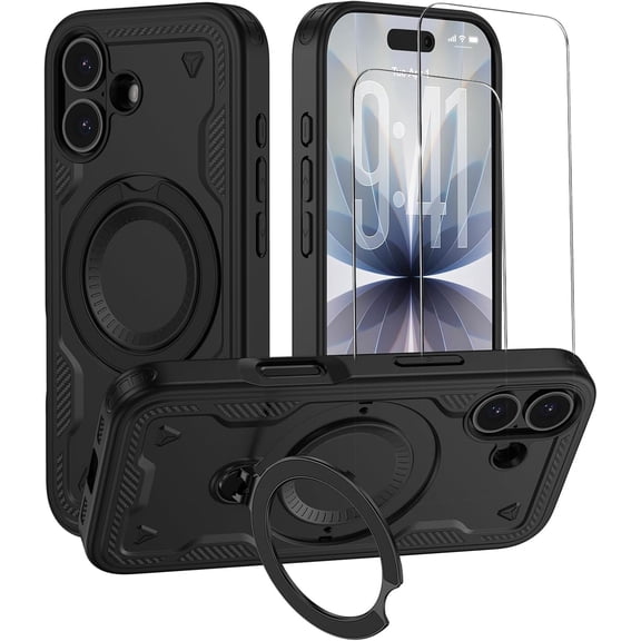 for iPhone 17 Rugged Case,Compatible with MagSafe,2 Pack Glass Screen Protector,with Kickstand Grip Ring Design,Military Grade Shockproof Cover For iPhone 17 6.3"(Black)