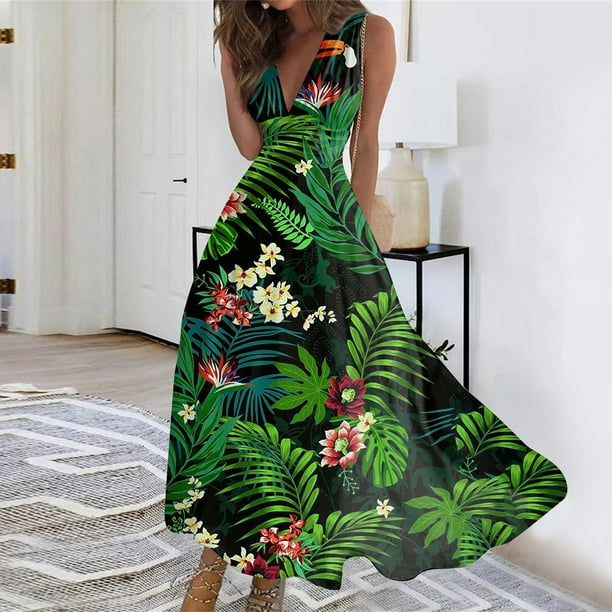 Qcmgmg Hawaiian Dress for Women Tropical Casual V Neck Beach