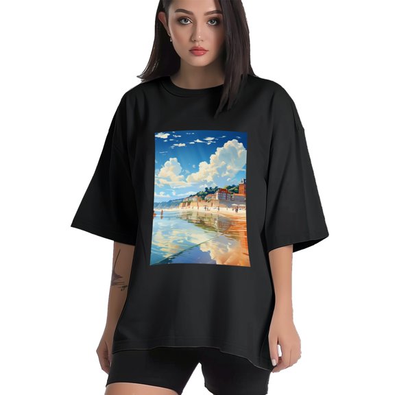 Plus Size Shirt for Women Black Tops for Women Short Sleeves Shirt for Women Seaside (16) T Shirt Crewneck Shirt for Women XS