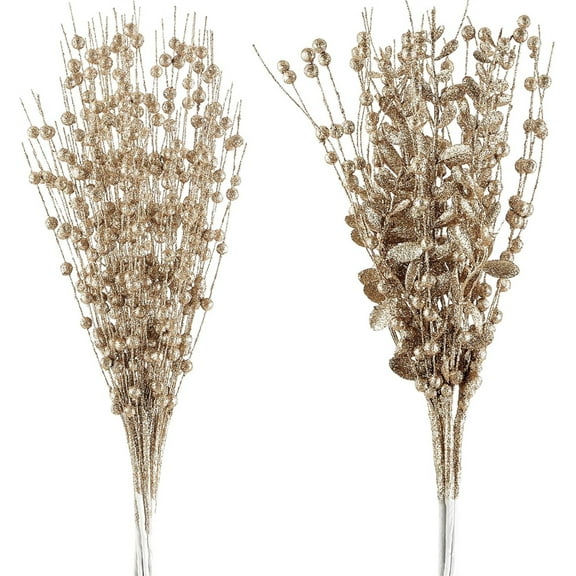 Tutuviw 16 Pcs Artificial Glitter Berry Stems for Christmas Tree Ornaments 17 in Picks and Sprays Artificial Branches Xmas Tree Filler Holiday Wreath Garland Decorations Home Decor, Champagne