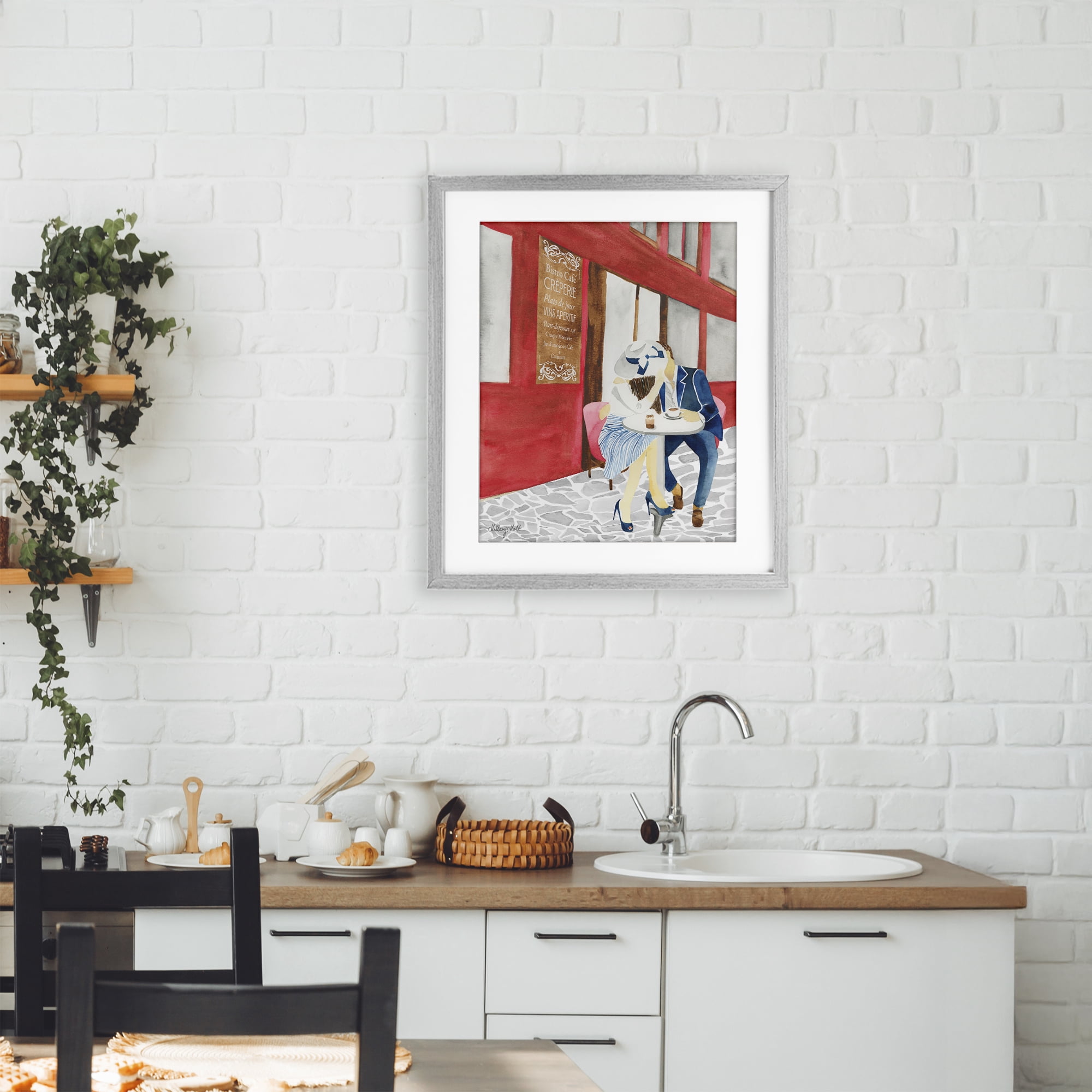 Stupell Industries Kiss At Parisian Cafe Gray Framed Print Under Glass, design by Hillary Holt