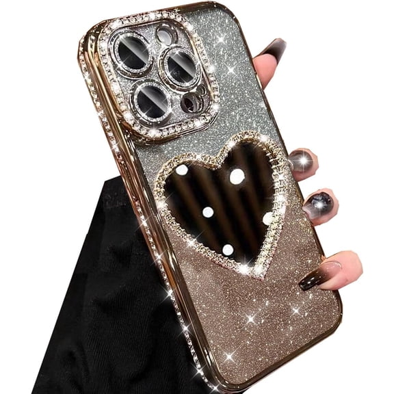 Glitter Mirror Case for iPhone 16 Pro Max,Luxury Diamond Heart Makeup Mirror Bling Sparkly Rhinestone with Camera Protector TPU Plating Bumper Women Girls Case for iPhone 16 Pro Max 6.9",Gold