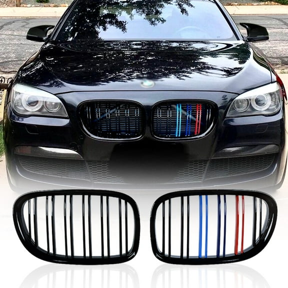 Astra Depot Dual Slats Front Kidney Grill Grille for 2009-2015 BMW F01 F02 740i 750li 760li 4-Door, Gloss Black M-Color, 1 Pair