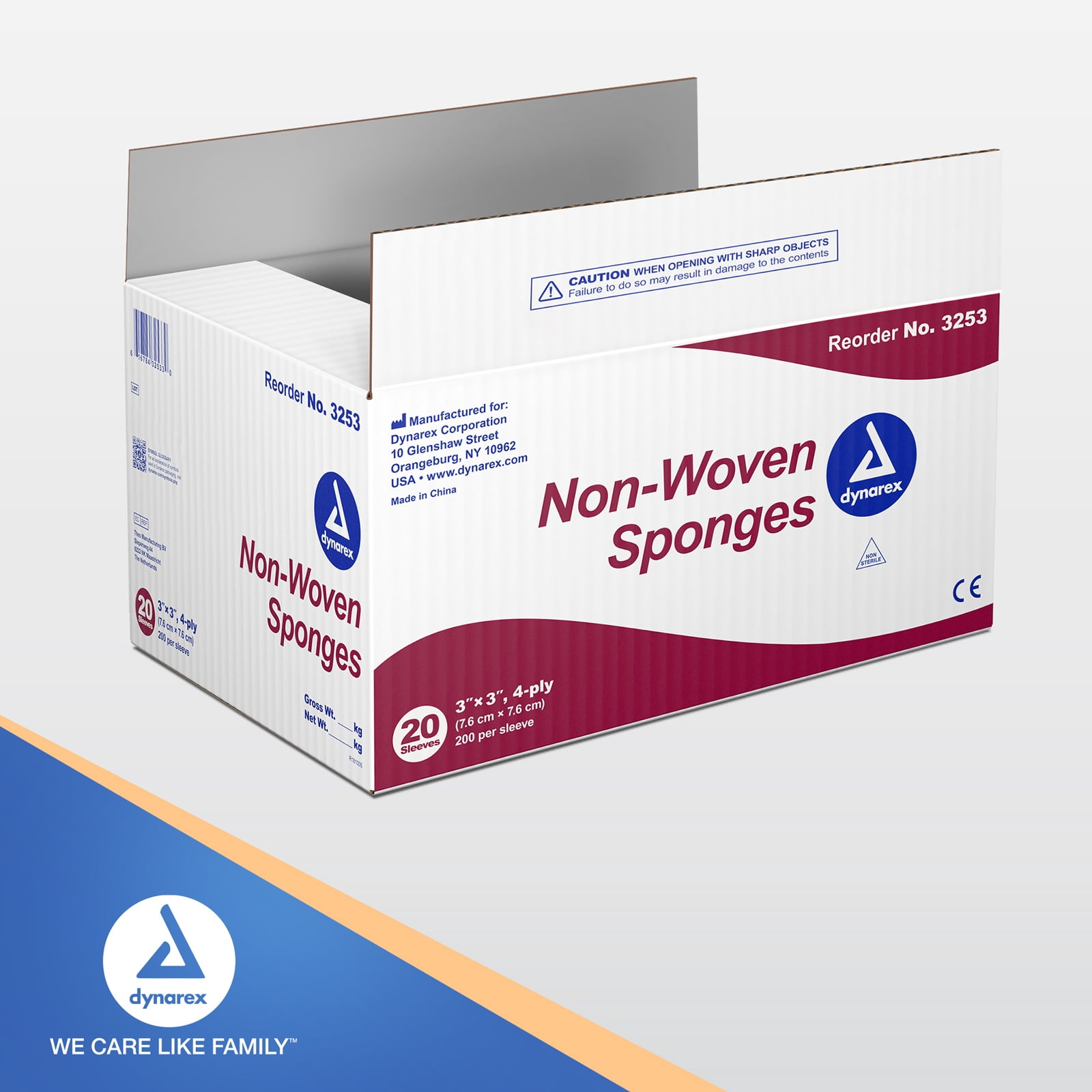Dynarex Non-Woven Sponges, Non-Sterile Gauze Sponges, for Cleansing, Prepping and Dressing, 3" x 3", 4 Ply, 1 Case of 4000 (20 Boxes of 200)