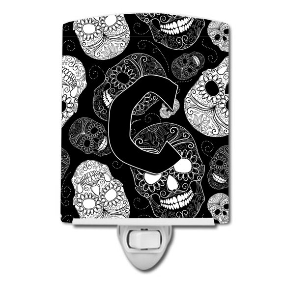 Letter C Day of the Dead Skulls Black Ceramic Night Light