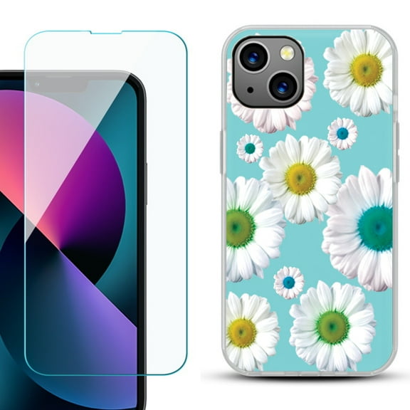 Slim-Fit Gel TPU Phone Case for iPhone 13 Mini, with Tempered Glass Screen Protector, by OneToughShield ® - Daisy/Teal