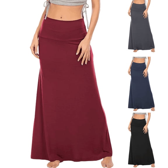 XINPING Skirts for Women Midi Length Elastic Waist Ruffle Hem Solid Color Soft & Breathable Flowy Maxi Skirts Tiered Floral Long Skirts with Pockets for Beach Vacation