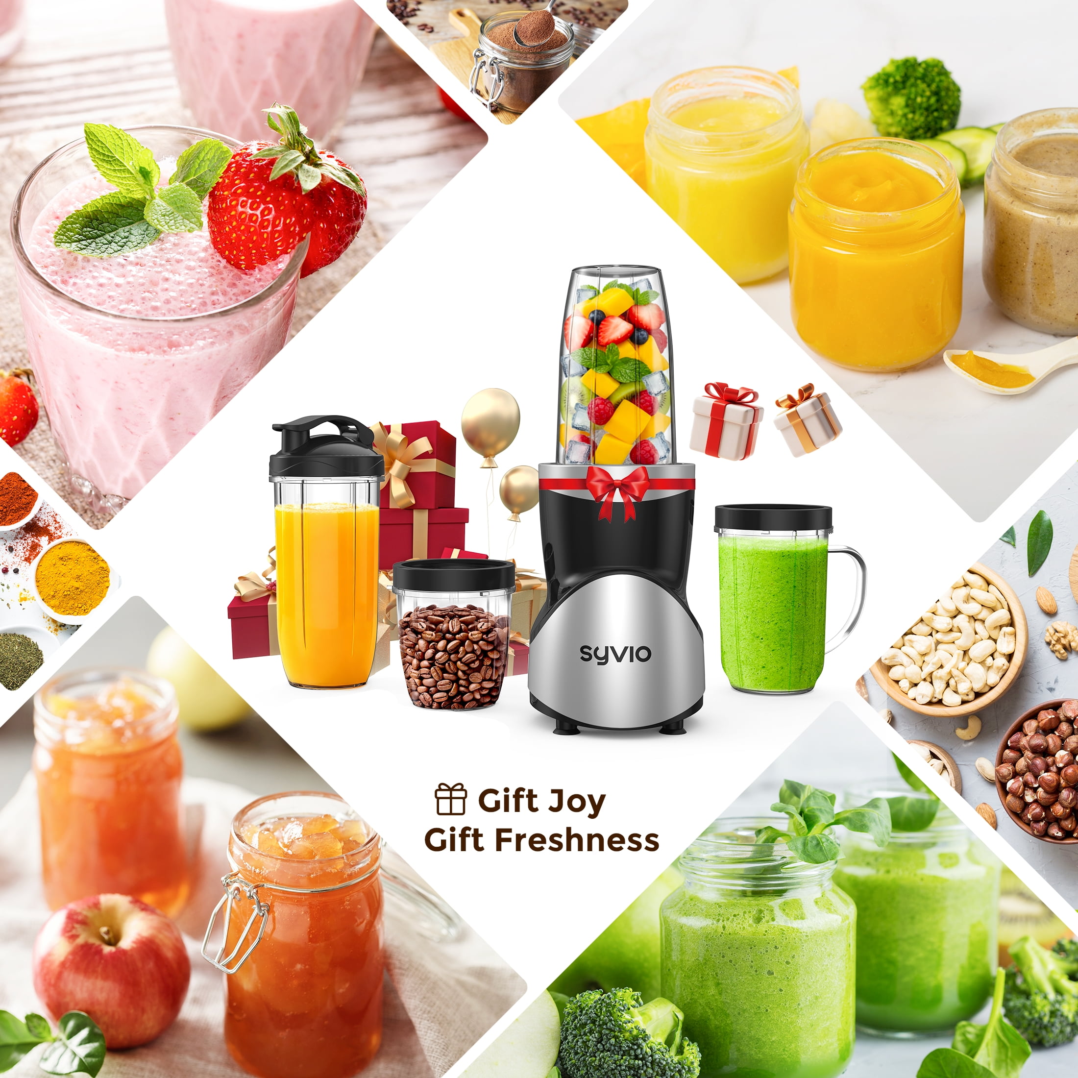 Syvio Smoothie Blender for Shakes and Smoothies, 4 Portal Cups, 15 Pieces Kitchen Personal Blender and Grinder Combo, BPA-Free Juice Blender Set