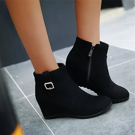 

MIASHUI Ladies Fashion Solid Color Suede Belt Buckle Inner Wedge Heel Side Zipper Boots Women Sneakers Shoes Wedges Women Shoes Casual