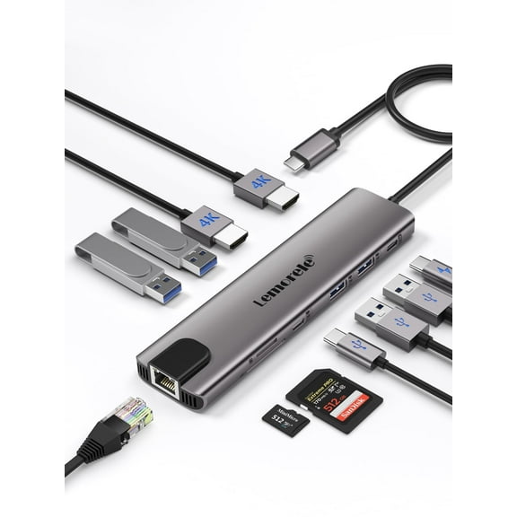11 in 1 Multi-Port Hub, Docking Station, 100W PD Charging, Dual 4K HDMI, Gigabit Ethernet Adapter, Lemorele USB-C Hub for Laptop/Mac/Switch