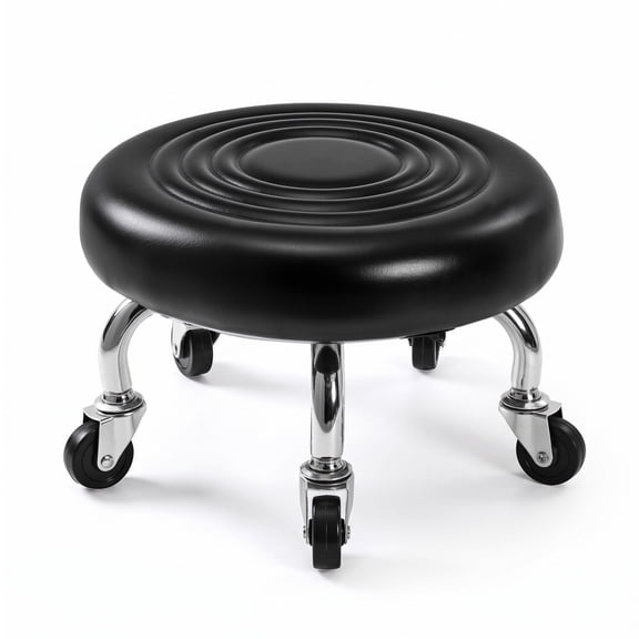 VECELO Low Rolling Stool, PU Leather Low Roller Seat Small Stool with Wheels, Round Low Height Rolling Stool for Home Office Garage Shop, Black