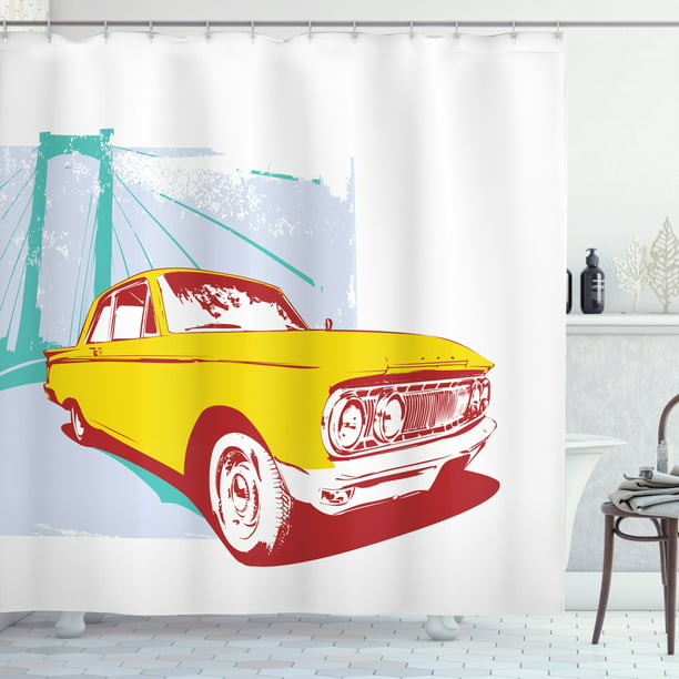 Vintage Car Shower Curtain Artwork, Car Shower Curtain Hooks