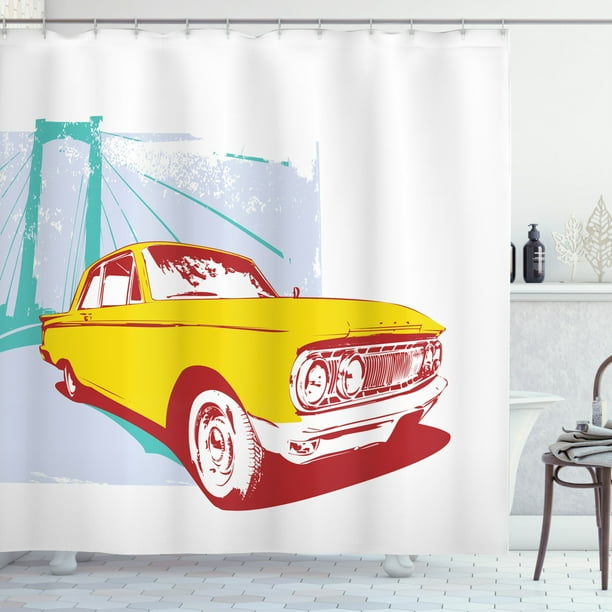 Vintage Car Shower Curtain Artwork With Old Custom Collector S Grunge Urban Background Fabric Bathroom Set Hooks Yellow Turquoise By Ambesonne Com Vintage Car Shower Curtain Artwork, Car Shower Curtain Hooks