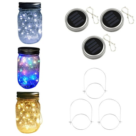Solar Caps For Mason Jars Hanging Solar Mason Jar Lid Lights, 3 Pack 10Leds String Fairy Lights Solar Laterns Table Lights, 3 Hangers Included. Great Outdoor Lawn Décor for Patio Garden, Yard and Lawn ()