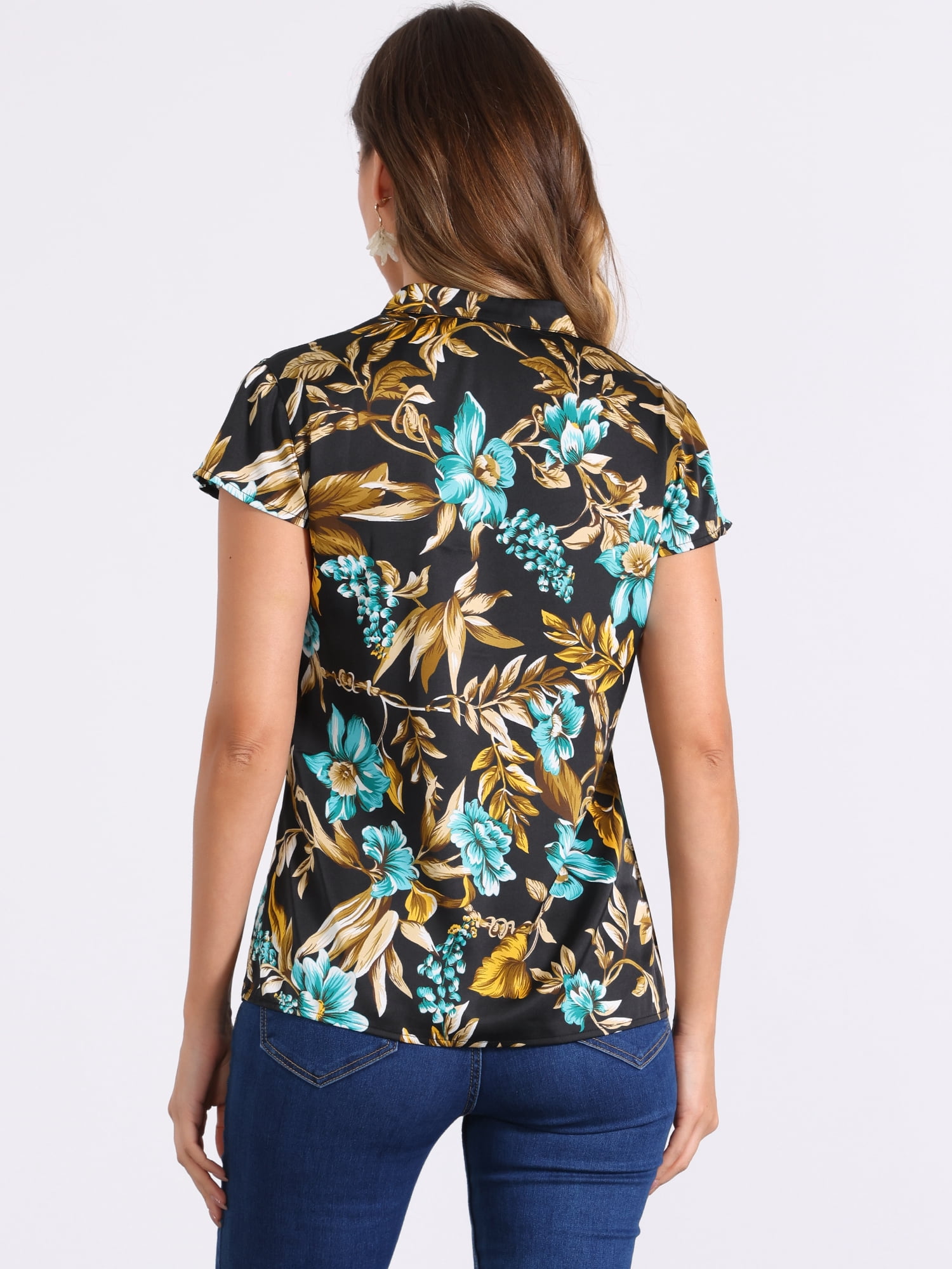DARING DIVA Stand Collar Floral Silky Work Blouse Top Navy Blue XS L Black