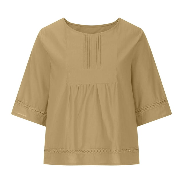Hauts Boho pour Femmes Grande Taille Col Rond Manches Mi-Longues T-Shirts Plissés Mode Été Décontracté Tunique Ample Blouse