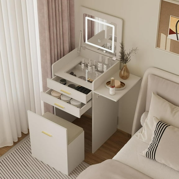 Small Vanity Desk Set with Flip-top Mirror and Lights White Integrated 3 in 1 Makeup Vanities Set for Compact Space Mini Dressing Table with Fold-up Panel and Storage Chair for Bedroom