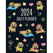 Pug Planner 2024: Funny Tiny Dog Monthly Agenda January-December Organizer (12 Months) Cute Canine Puppy Pet Scheduler with Flowers & Pretty Pink Hearts (Paperback)