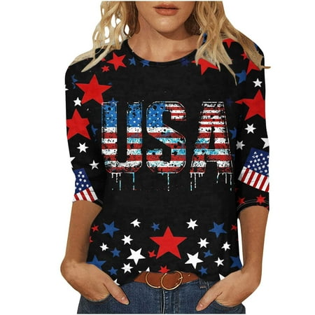 Mifsaly 4Th of July Shirts Women 3/4 Sleeve Cotton Tops Independence Day Patriotic T-Shirts Summer Casual Red Graphic Tee,Blusas Manga 3/4 Para Mujer Loft M