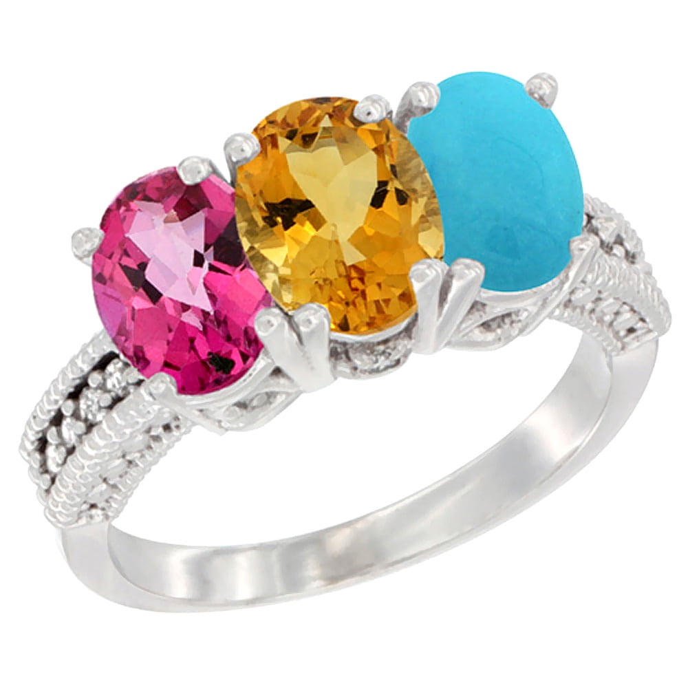 10K White Gold Natural Pink Topaz, Citrine & Turquoise Ring 3-Stone Oval 7x5 mm Diamond Accent, sizes 5 10 by WorldJewels