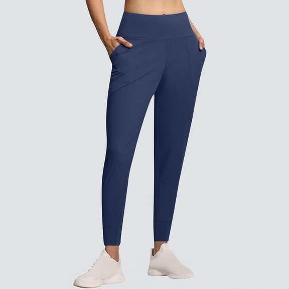 WIZUTIZ Plus Size Yoga Pants for Women Soft Stylish Loose Jogger with Pockets Yoga Sweatpants Elastic Stretch High Waist Full Length Pants Solid Leggings for Lady Seamless Vacation Blue