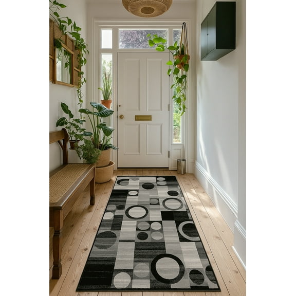 Rug Branch Modern Geometric Checkered Black Grey Indoor Runner Rug - 2x20