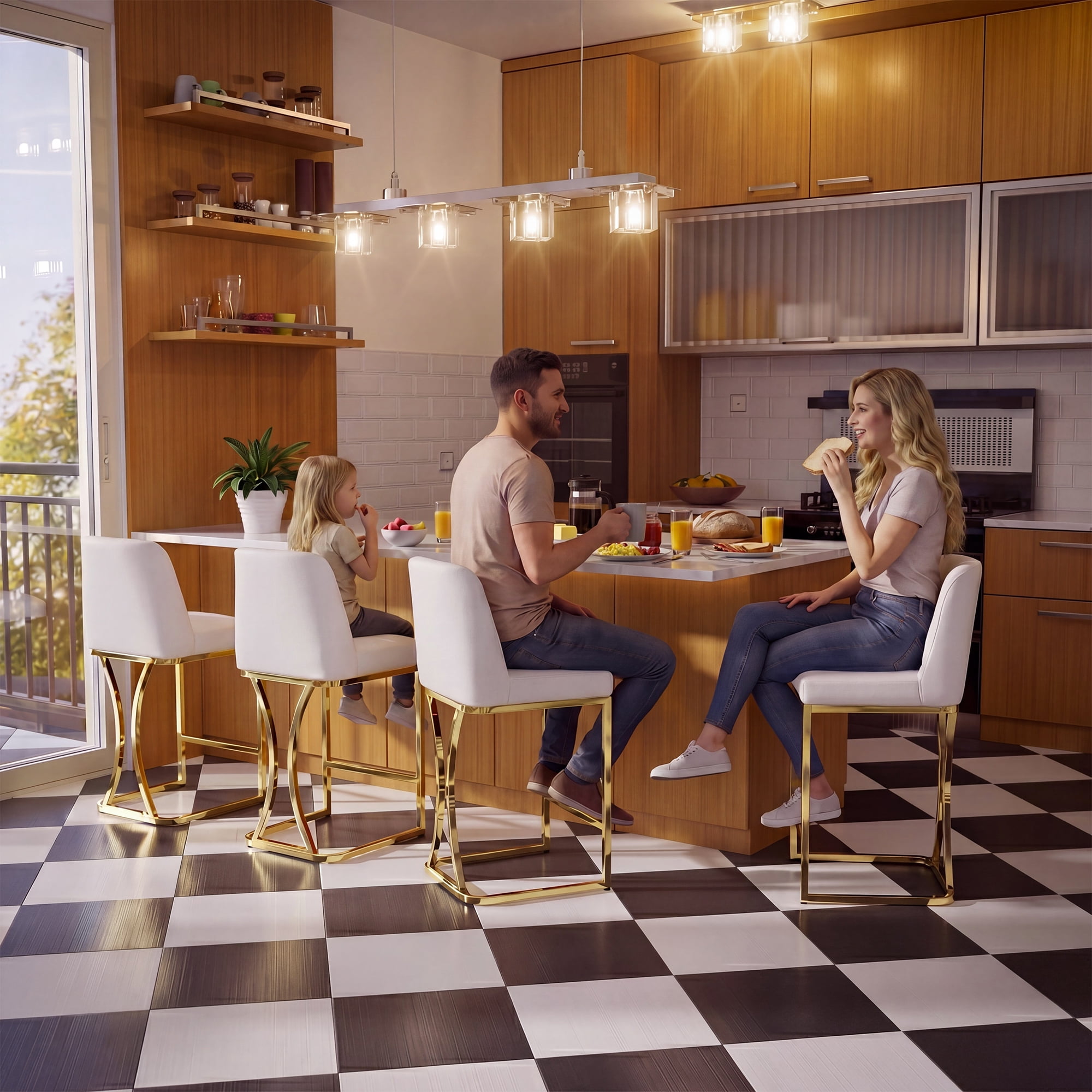 iooHug Set of 4 White Bar Stools, 24" Counter Height Bar Stools, PU Leather Kitchen Island Stools with Back and Gold Footrest, Modern Bar Chairs for Dining Room or Home Bar