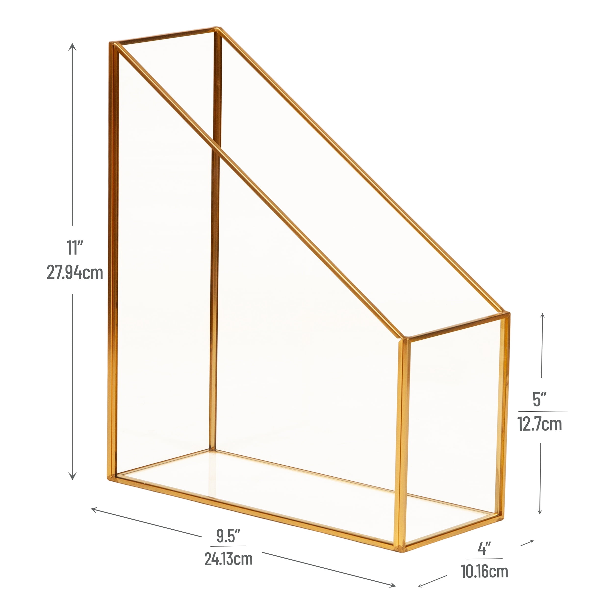 Mind Reader Vertical Glass File Holder with Copper Trim, Angled Magazine Organizer for Documents, Folders & Mail, Glass and Copper, Clear