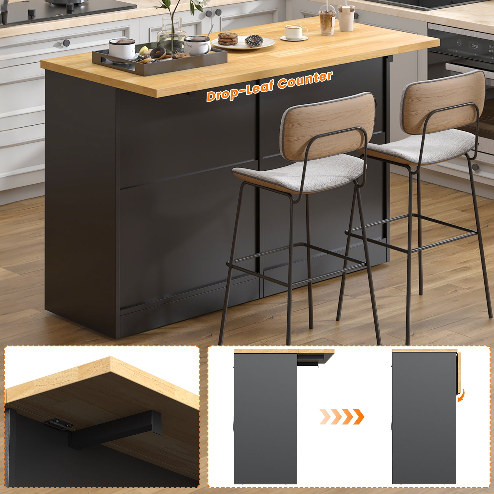 HAUXITIO Kitchen Island with Drop Leaf,Power Outlet & LED Lights,Stationary with Hidden Casters Islands Table for Kitchen,Dining Room,Black