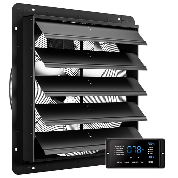 CAMMOO 24 Inch Shutter Exhaust Fan with Temp Humidity and Speed Touchscreen Controller, 10-Speed Wall Mount Fan for Attic, Greenhouse, Garage, Chicken Coop Ventilation