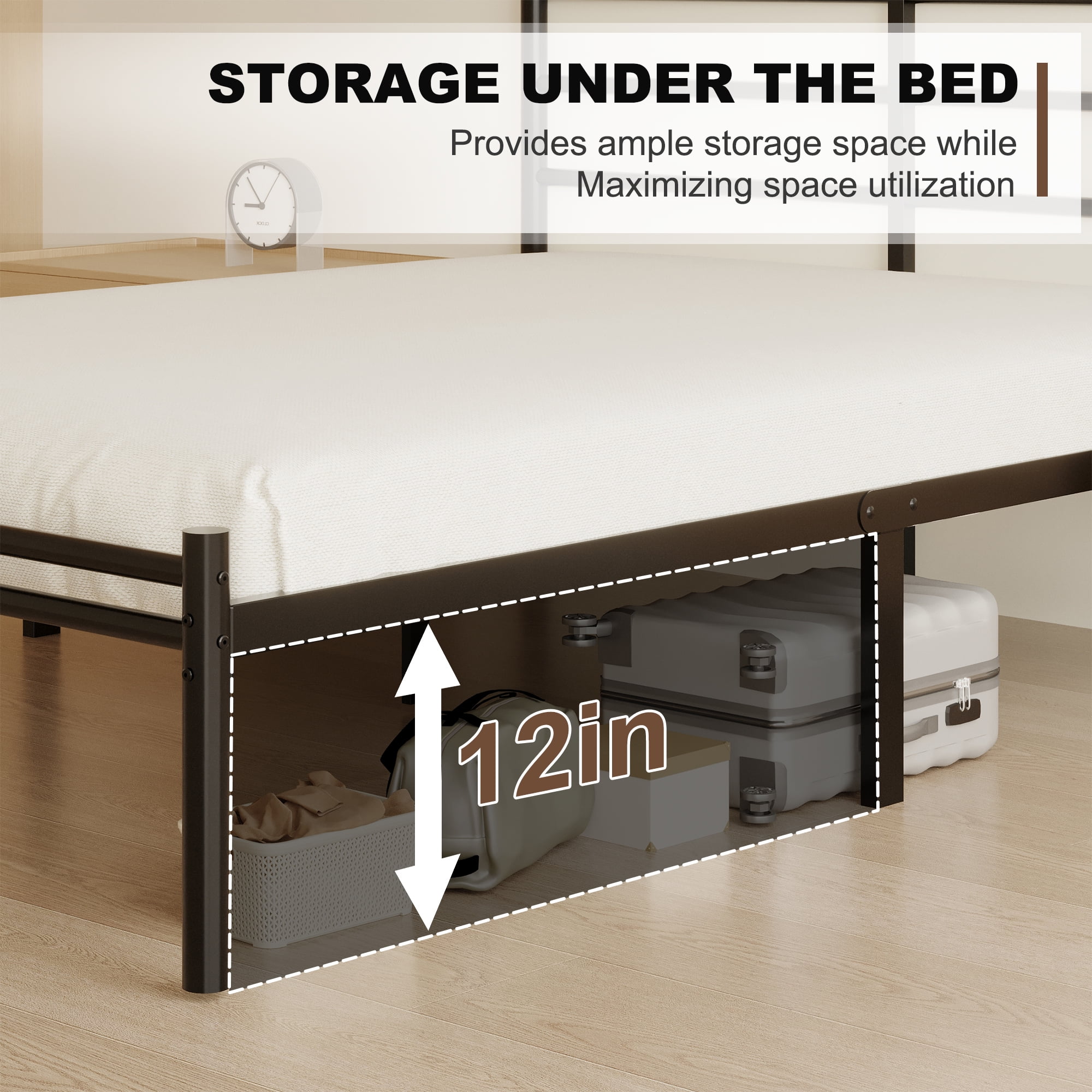 Roomdiary 14 inch Twin Bed Frames with Headboard and Footboard, Easy Assembly Heavy Duty Metal Platform with Underbed Storage, Black