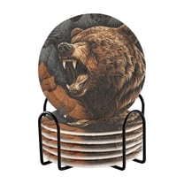 Bear Mountains Trees 6 Pcs Drink Coasters with Holder Absorbent Coasters Woven Coasters for Drinks Table Desk Protection Home Decor