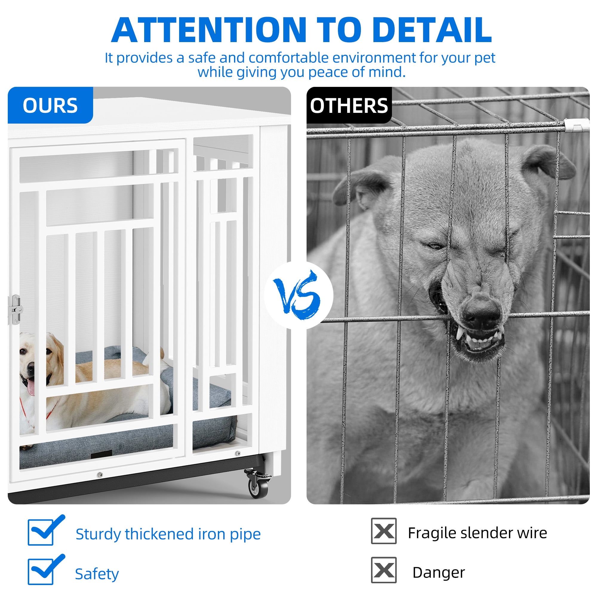 Uforic 38" Dog Crate Furniture with 4 Wheels, Indoor Furniture Style Wooden Large Dog Kennel, White