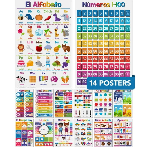 Spanish Educational Posters for Kids – Bundle of 14 Bilingual Classroom and Homeschool Learning Chart Decorations and School Materials, Preschool to Grade 3 | Durable, Glossy Cardstock | 11" x 17"
