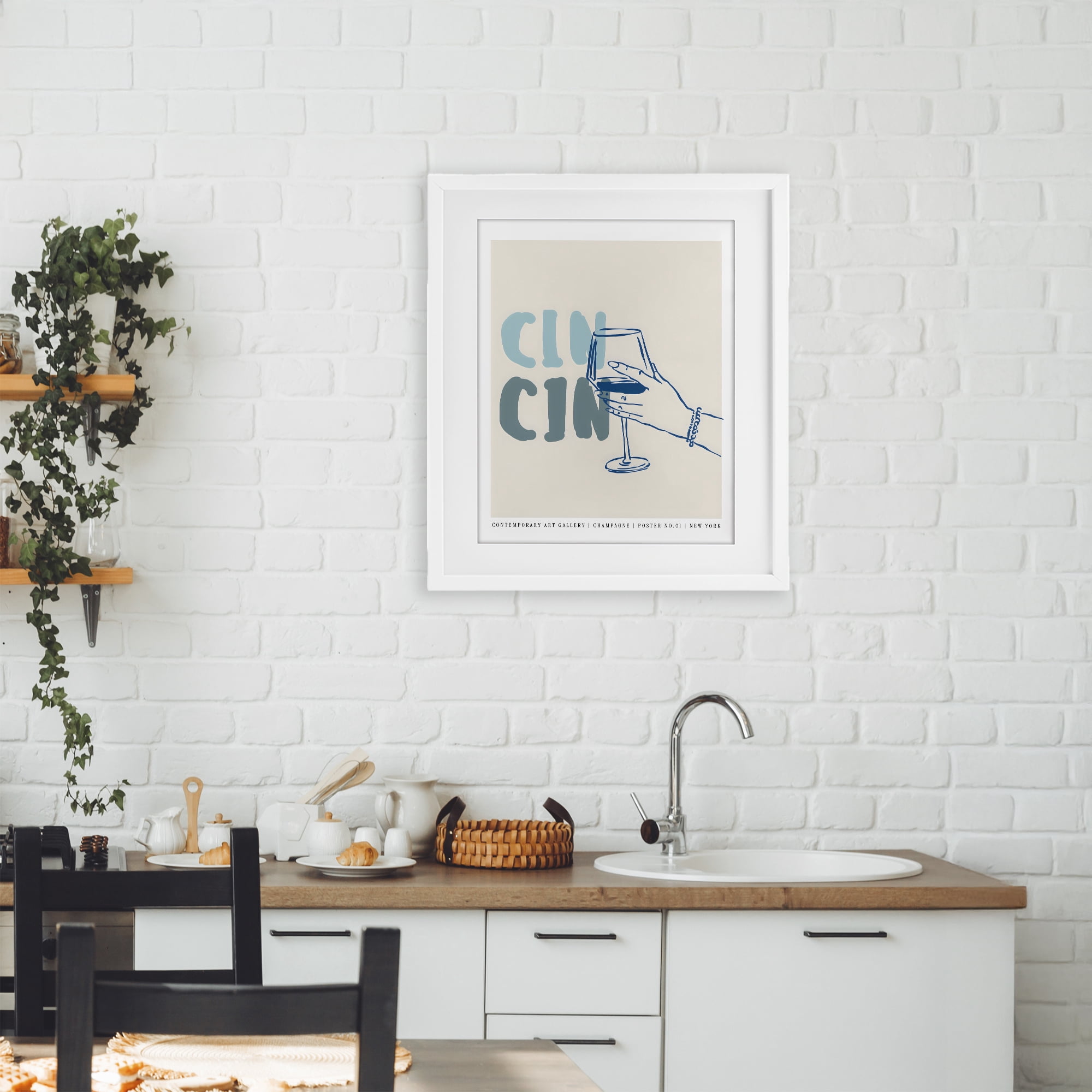 Stupell Industries Cin Cin Blue Champagne Toast White Framed Print Under Glass, design by The Prints Vibe