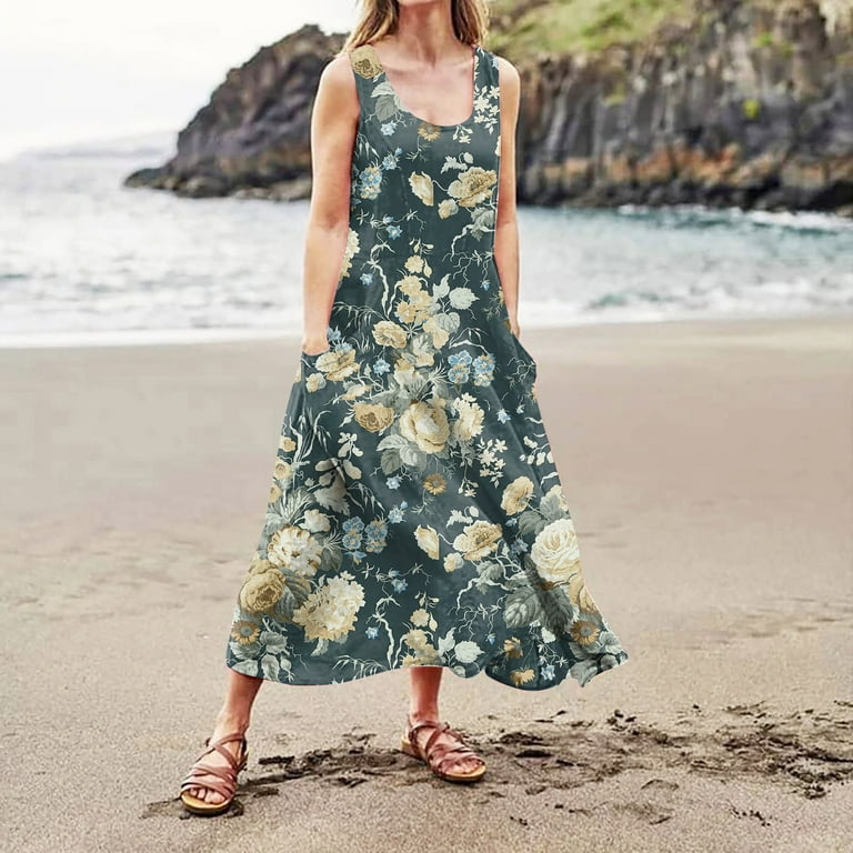 Ovticza Work Dresses for Women 2023 Floral Boho Maternity Maxi Dress Flowy  Tank Long Evening Dresses Cotton Linen Sleeveless Sundresses for Juniors  with Pockets Green 3XL - Walmart.com