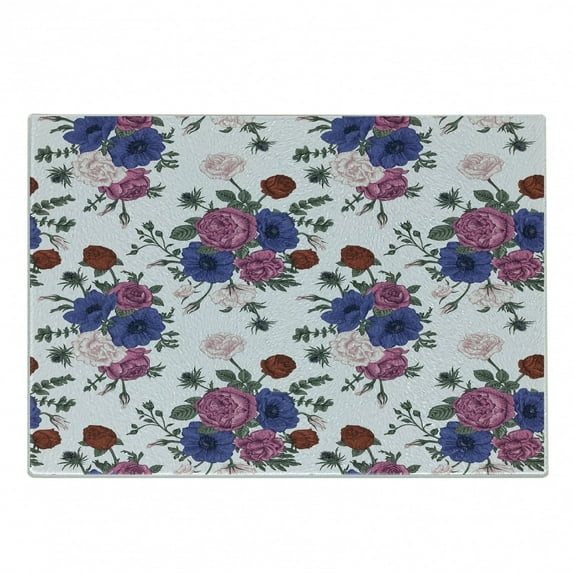 Anemone Flower Cutting Board, Bouquets of Roses Anemones Eustoma Colorful Corsage Bedding Plants Design, Decorative Tempered Glass Cutting and Serving Board, Small Size, Multicolor, by Ambesonne