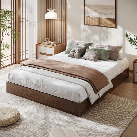 King Bed Frame, Wood Platform Bed Frame, Wooden Bed Frame Without Headboard for Bedroom, Wood Slat Support, No Box Spring Required, Walnut