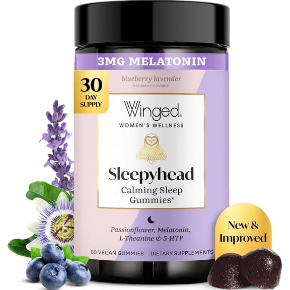 Winged Wellness Sleepyhead Gummy Supplement | Melatonin, L-Theanine, 5-HTP, Passionflower & Lemon Balm | (30 Servings)
